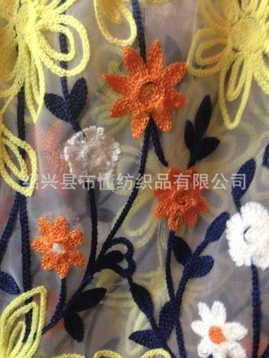 【供應歐根紗多色粗線鏈條繡花面料 歐根紗平繡】價格,廠家,圖片,棉面料,紹興縣布懂紡織品-
